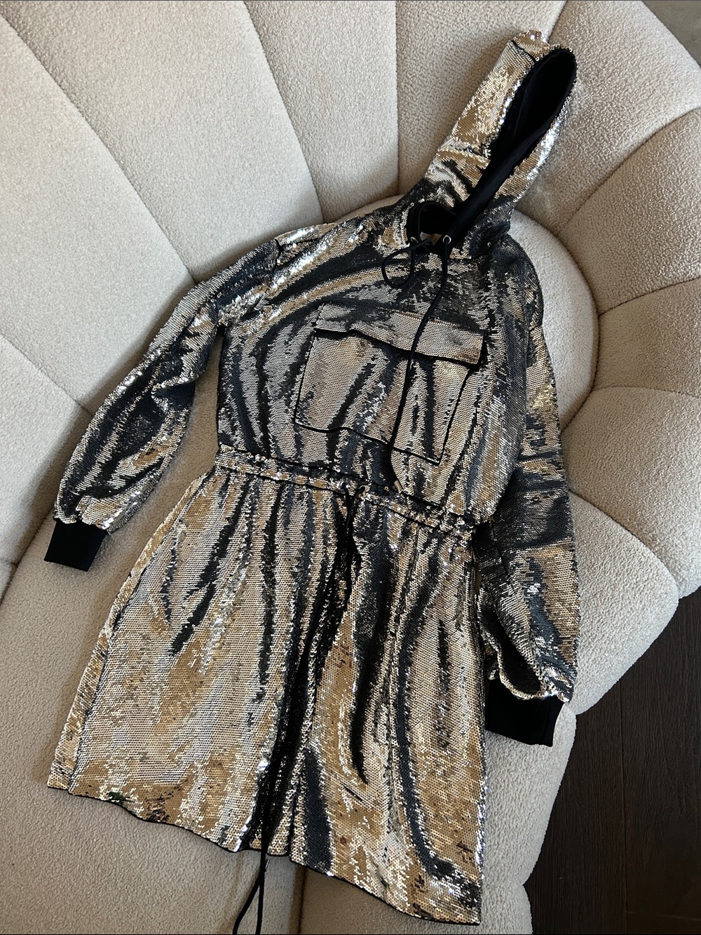 MICHAEL Michael Kors Gold and Black Sequin Hoodie Dress